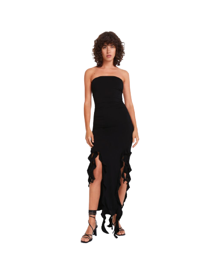 Black Strapless Ruffled Maxi Dress